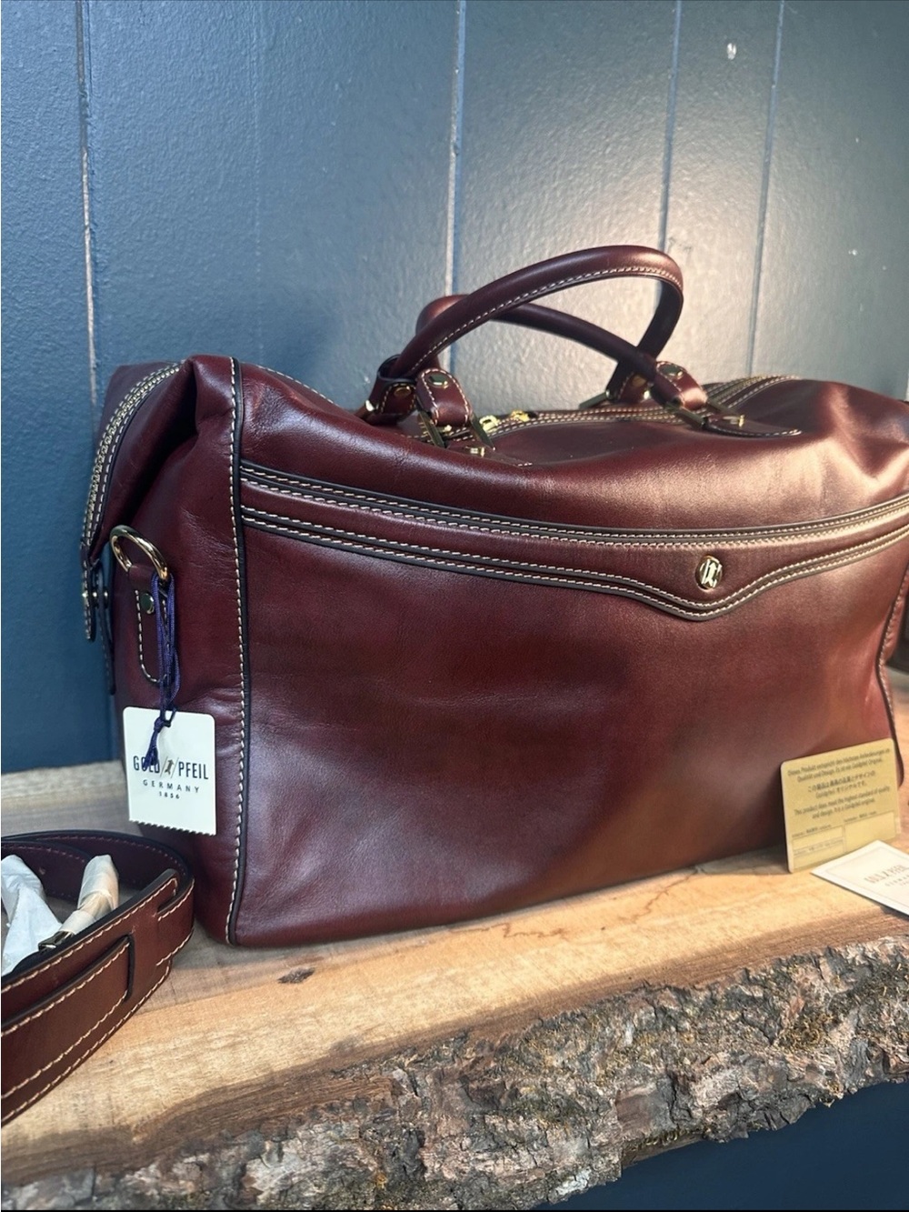 Gold PFEIL Leather Weekender Duffle Bag Oxblood Germany Rare Aniline Calfskin